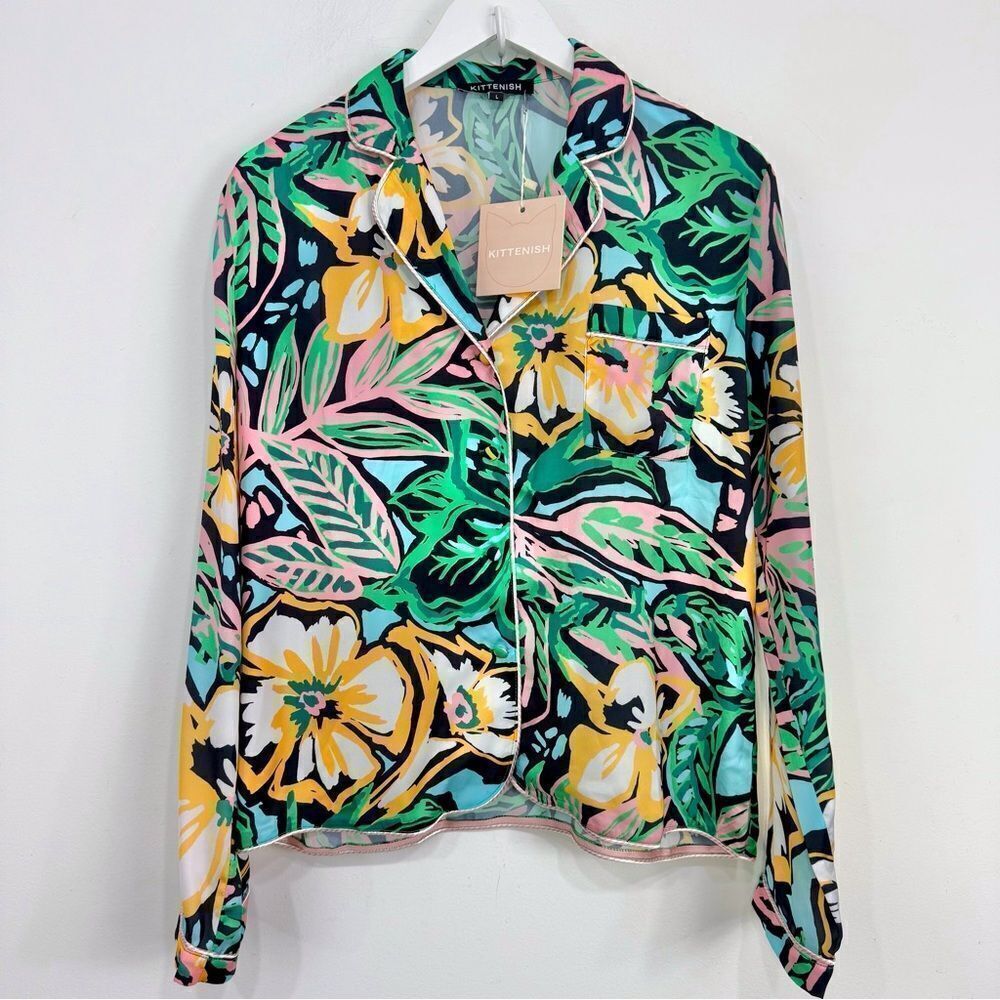 Kittenish Green Pink Tropical Floral Print Button Up Pajama Style Blouse NEW